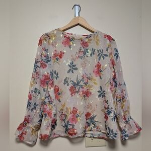 LOFT Floral Metallic Sheer Blouse Medium